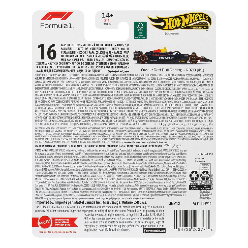 Mattel Formel 1 Hot Wheels Red Bull Racing RB20 Max Verstappen Premium Modellauto 1/64