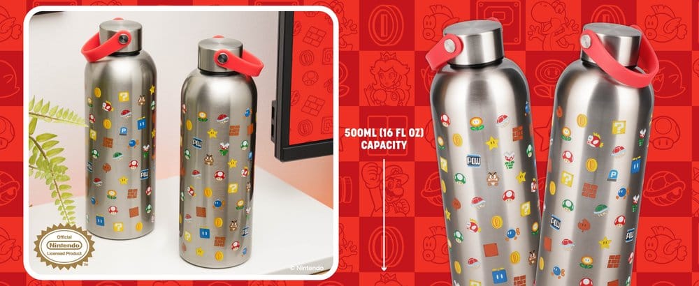 Paladone Products Super Mario Metall Trinkflasche mit Trageschlaufe