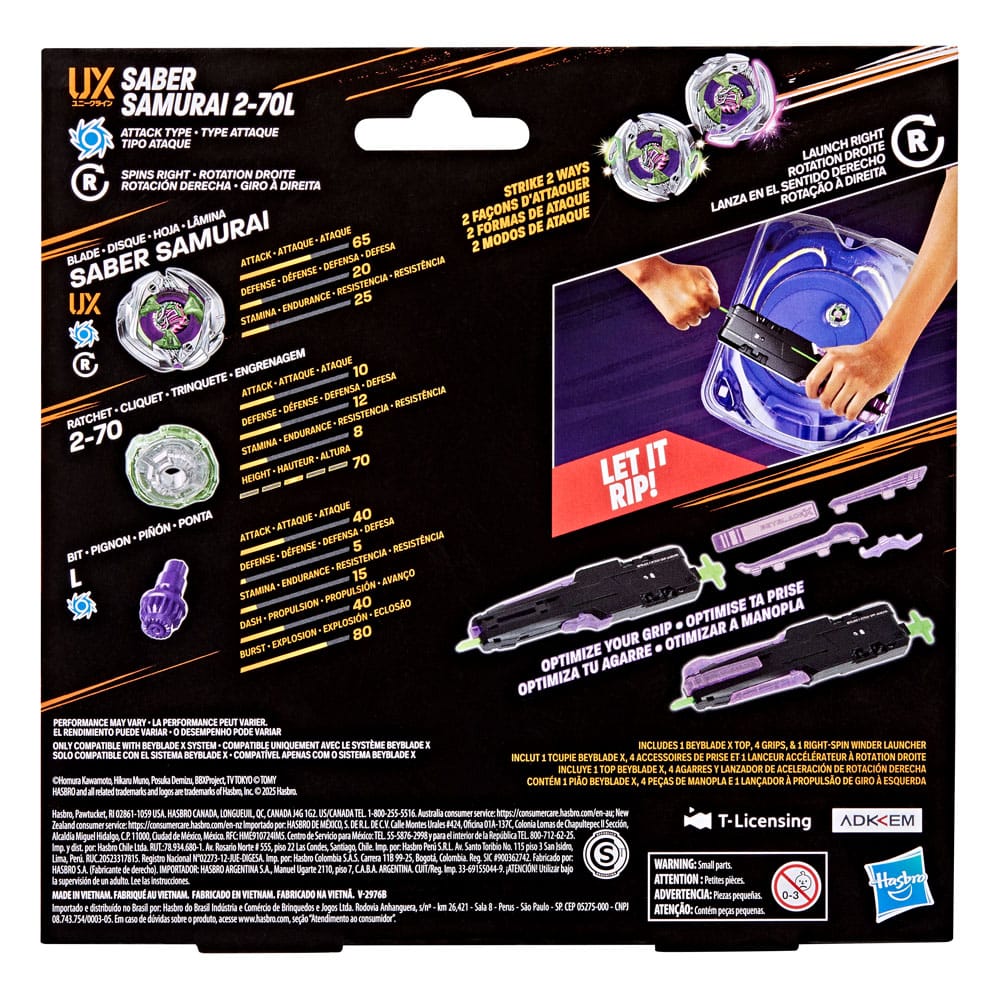 Hasbro Beyblade X Victory Grip Starter Set Saber Samurai 2-70L Right-Spin Attack类型