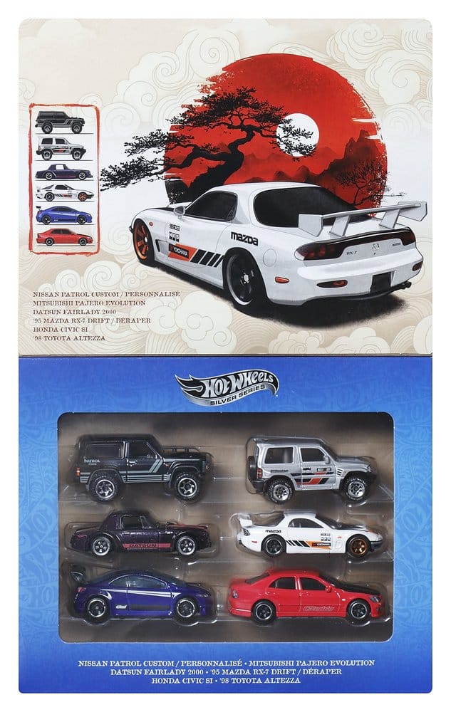 Mattel Hot Wheels Streets of Japan Silver Series 6er-Pack 1/64 Die-Cast Fahrzeuge