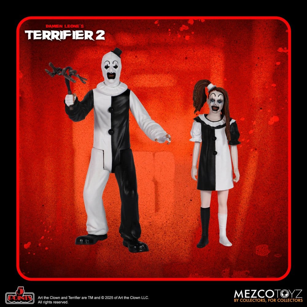 Mezco Toys Terrifier 2 5 Points Art the Clown and The Little Pale Girl Actionfigur