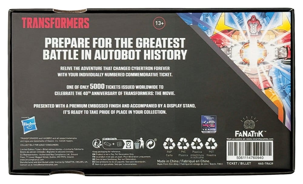 Transformers The Movie 40th Anniversary Movie Ticket Limited Edition Replik